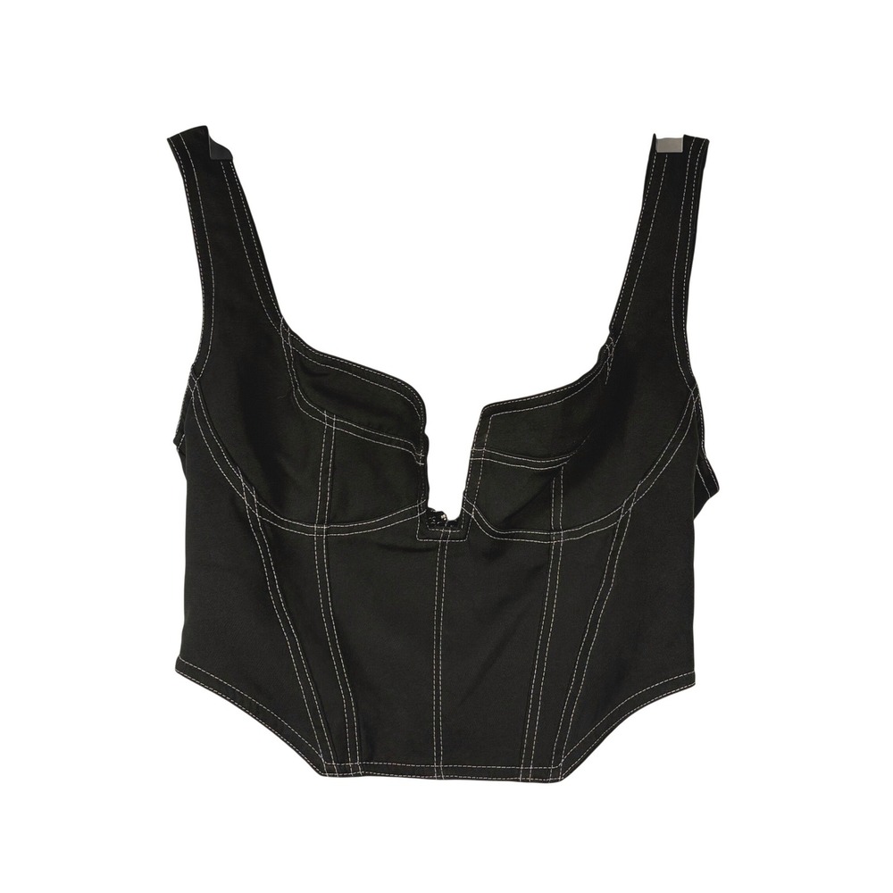 White Fox Black Corset Crop Top Sz S Deep V-Neck Festival Sexy Edgy Bustier Y2K